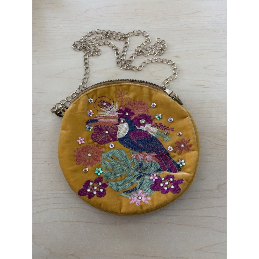 Powder UK Crossbody Bag Women Small Mustard Toucan Embroidered Velvet Round Bag